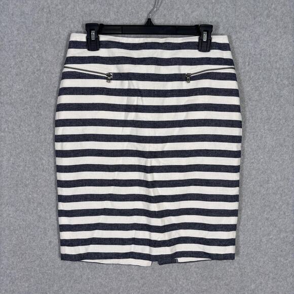 Ann Taylor Pencil Skirt 6 Gray Navy White Linen Cotton Zipper Pockets Nautical - Picture 1 of 13